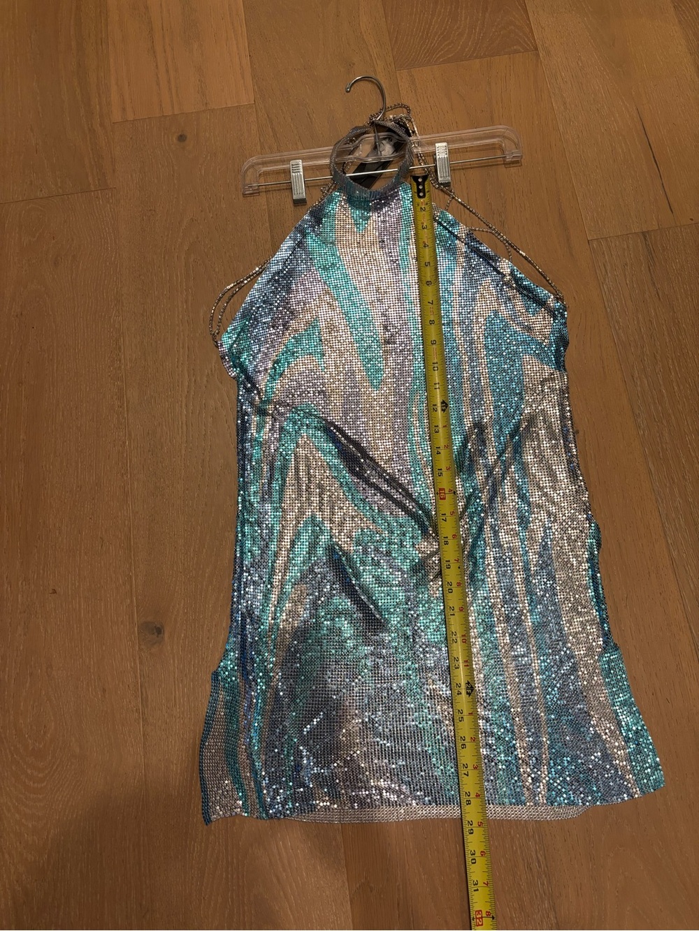 Fashion Nova Top Tier Only Chainmail Mini Dress Halter Metallic Aqua Iridescent - Picture 15 of 15